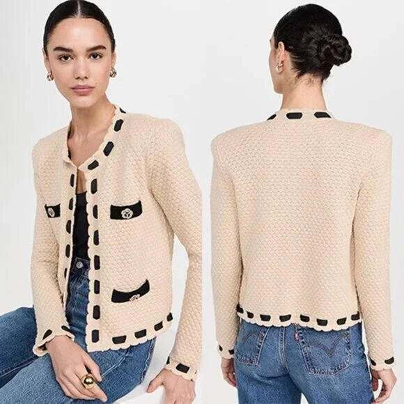 NWT L'Agence Strong Shoulder Decorative Knit Pockets Open Cardigan Cream XS